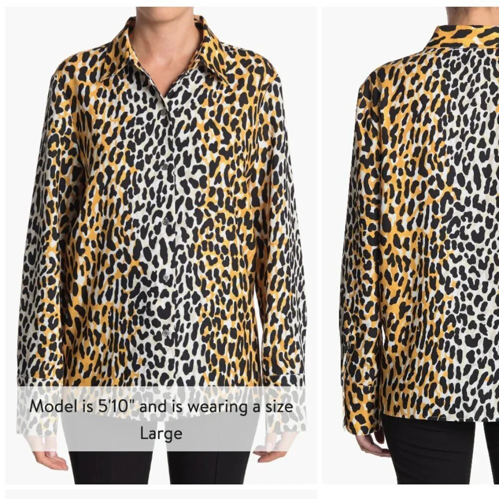 NEW St. John Collection Satin Back Leopard Print Shirt Size Small